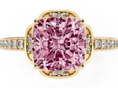 Fancy Pink Cushion Cut Diamond Halo Ring Set in Yellow gold with Channel Set Band and Prong Setting