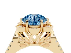 Fancy Blue Round Cut Diamond Floral Halo Split Shank Engagement Ring Set in Yellow gold with Pavé Shank