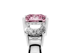 Fancy Pink Princess Cut Diamond Three-Stone Ring Set in Platinum with Round Side Stones and Classic Band