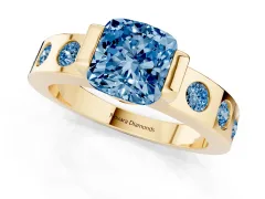 Fancy Blue Cushion Cut Diamond Channel-Set Band Ring Set in Yellow gold with Bezel Prong Setting