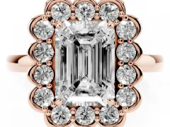 Emerald Cut Diamond Halo Cluster Engagement Ring Set in Rose gold with Solitaire Band and Prong Setting