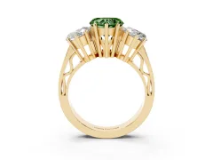 Fancy Green Heart Cut Diamond Three-Stone Ring Set in Yellow gold with Textured Band