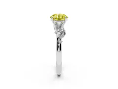 Fancy Yellow Round Cut Diamond Solitaire Ring Set in Silver with Leaf Motif Band