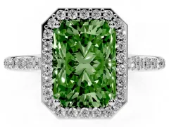 Fancy Green Radiant Cut Diamond Halo Engagement Ring Set in White gold with Round Pavé Shoulders and Heart Gallery