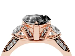 Fancy Black Heart Cut Diamond Three-Stone Ring Set in Rose gold with Pavé Band and Smaller Side Stones