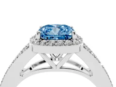 Fancy Blue Cushion Cut Diamond Halo Split Shank Pavé Ring Set in Silver with Prong Setting