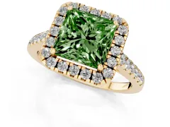 Fancy Green Princess Cut Diamond Halo Pavé Engagement Ring Set in Yellow gold with Prong Setting