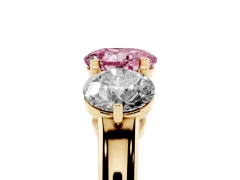 Fancy Pink Round Cut Diamond Three-Stone Ring Set in Yellow gold with Prong Setting and Plain Band