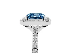 Fancy Blue Asscher Cut Diamond Halo Engagement Ring Set in White gold with Round Pavé Shoulders and Heart Gallery