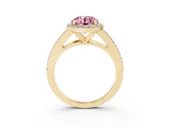 Fancy Pink Round Cut Diamond Halo Split Shank Ring Set in Yellow gold with Accent Stones and Prong Setting