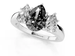 Fancy Black Pear Cut Diamond Three-Stone Ring Set in White gold with Bold Center and Classic Band