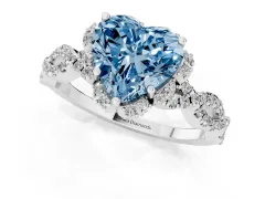 Fancy Blue Heart Cut Diamond Halo Twist Band Solitaire Ring Set in Silver with Prong-Set Center Stone