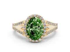 Fancy Green Oval Cut Diamond Halo Split Shank Pavé Ring Set in Yellow gold with Prong Setting