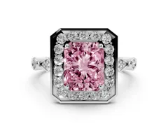Fancy Pink Radiant Cut Diamond Halo Engagement Ring Set in Platinum with Twisted Band and Prong Setting