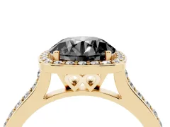 Fancy Black Round Cut Diamond Halo Engagement Ring Set in Yellow gold with Round Pavé Shoulders and Heart Gallery