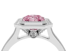 Fancy Pink Radiant Cut Diamond Halo Milgrain Pavé Band Ring Set in Platinum with Prong Setting