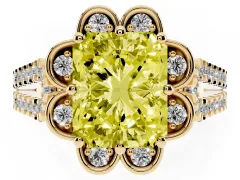 Fancy Yellow Radiant Cut Diamond Floral Halo Split Shank Engagement Ring Set in Yellow gold with Pavé Shank