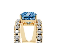 Fancy Blue Cushion Cut Diamond Split Shank Pavé Solitaire Ring Set in Yellow gold with Open Shank Design