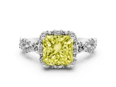 Fancy Yellow Princess Cut Diamond Halo Twist Band Solitaire Ring Set in Platinum with Prong-Set Center Stone