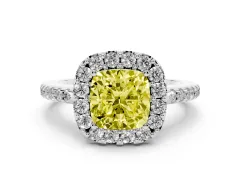 Fancy Yellow Cushion Cut Diamond Pavé Halo Ring Set in Platinum with Prong Setting