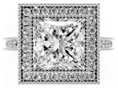 Princess Cut Diamond Halo Milgrain Pavé Band Ring Set in White gold with Prong Setting