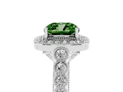 Fancy Green Cushion Cut Diamond Milgrain Halo Solitaire Ring Set in Platinum with Bezel Set Side Stones and Pavé Band