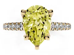 Fancy Yellow Pear Cut Diamond Solitaire Ring Set in Yellow gold with Brilliant Pavé Band and Prong Setting