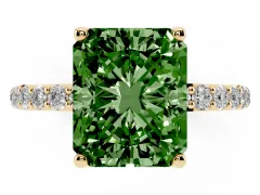Fancy Green Radiant Cut Diamond Solitaire Engagement Ring Set in Yellow gold with Round Pavé Band and Prong Setting
