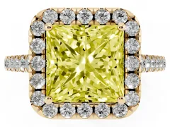 Fancy Yellow Princess Cut Diamond Pavé Halo Engagement Ring Set in Yellow gold with Pavé Band and Prong Setting