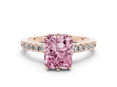 Fancy Pink Radiant Cut Diamond Solitaire Engagement Ring Set in Rose gold with Pavé Band and Prong Setting