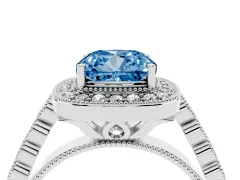 Fancy Blue Cushion Cut Diamond Milgrain Halo Solitaire Ring Set in Platinum with Bezel Set Side Stones and Pavé Band