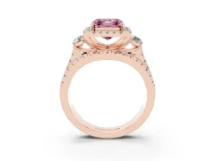 Fancy Pink Asscher Cut Diamond Halo Split Shank Ring Set in Rose gold with Round Accent Stones and Prong Setting