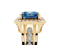 Fancy Blue Asscher Cut Diamond Halo Ring Set in Yellow gold with Pavé and Bezel Accent Split Shank