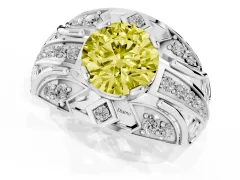 Fancy Yellow Round Cut Diamond Art Deco Ring Set in White gold with Pavé Split Shank