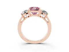 Fancy Pink Princess Cut Diamond Three-Stone Ring Set in Rose gold with Round Side Stones and Classic Band