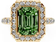 Fancy Green Emerald Cut Diamond Halo Ring Set in Yellow gold with Pavé Shank and Prong Setting