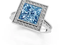 Fancy Blue Princess Cut Diamond Halo Milgrain Pavé Band Ring Set in Platinum with Prong Setting