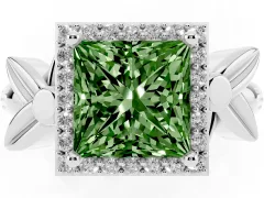 Fancy Green Princess Cut Diamond Halo Floral Band Ring Set in Platinum with Prong Setting