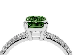 Fancy Green Emerald Cut Diamond Solitaire Ring Set in White gold with Multi-Row Round Pavé Band and Prong Setting
