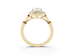 Oval Cut Diamond Halo Engagement Ring Set in Yellow gold with Twisted Band and Prong Setting