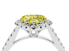 Fancy Yellow Heart Cut Diamond Pavé Halo Engagement Ring Set in Platinum with Pavé Band and Prong Setting