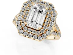 Emerald Cut Diamond Double Halo Ring Set in Yellow gold with Pavé Split Shank and Prong Setting
