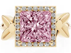 Fancy Pink Princess Cut Diamond Halo Floral Band Ring Set in Yellow gold with Prong Setting