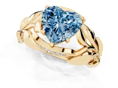 Fancy Blue Heart Cut Diamond Leaf-Inspired Engagement Ring Set in Yellow gold with Round Accents