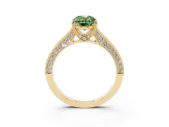 Fancy Green Oval Cut Diamond Solitaire Ring Set in Yellow gold with Milgrain-Edged Pavé Band and Prong Setting