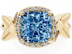 Fancy Blue Cushion Cut Diamond Halo Floral Band Ring Set in Yellow gold with Prong Setting