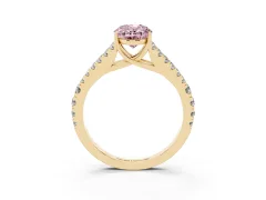 Fancy Pink Oval Cut Diamond Split Shank Pavé Engagement Ring Set in Yellow gold with Prong-Held Center Stone