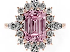Fancy Pink Emerald Cut Diamond Cluster Halo Ring Set in Rose gold with Marquise and Round Accents