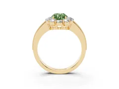 Fancy Green Oval Cut Diamond Halo Pavé Engagement Ring Set in Yellow gold with Milgrain Detailing