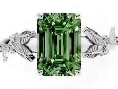 Fancy Green Emerald Cut Diamond Solitaire Ring Set in White gold with Leaf Motif Band